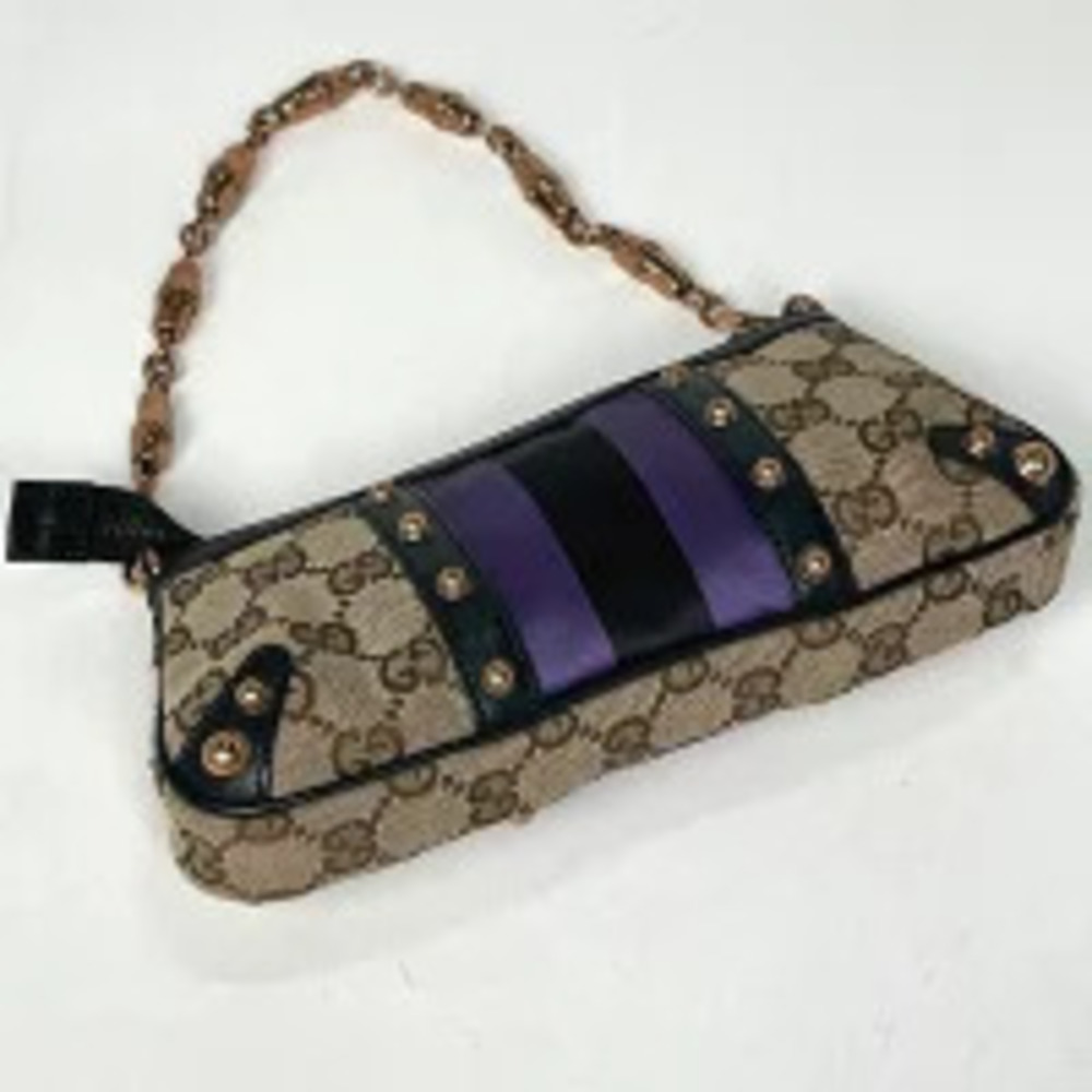 Gucci chain studs black canvas handbag GG web beige Sherry Black Tan
